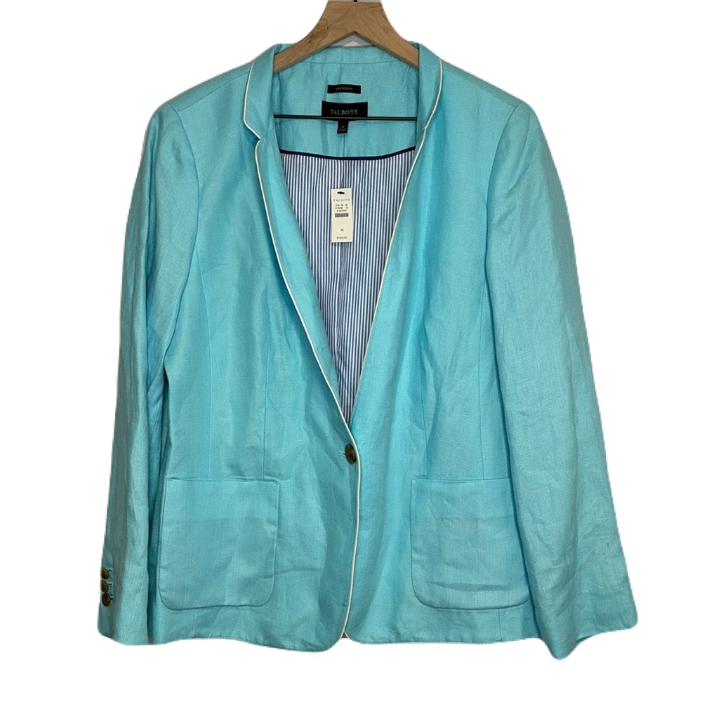 Talbots 100% Linen Aberdeen Single Button Blazer Nautical Light Blue Lined NWT